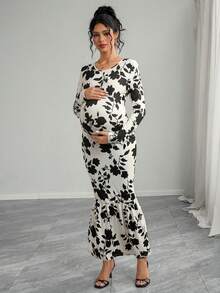 Momance 孕妇花卉印花长袖圆领连衣裙，秋季 - 彩色 - 查看 6