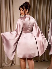 Cravure Plus Size Women's Stand Collar Raglan Raglan Sleeve Sleeve A-Line Dress With Detachable Belt, Party Wear - Dusty Pink - View 2