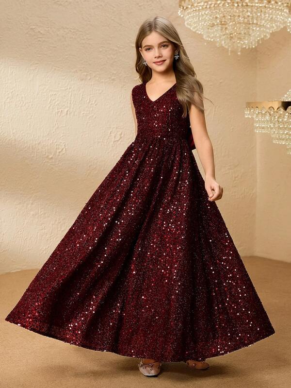 Girls Glittering Sequin Dress, Formal Evening Party Dress, Children's Birthday Party Outfit, Christmas Wine Red Dress