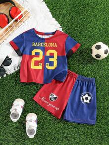 2件套男婴可爱夏季运动风字母印花短袖上衣和松紧腰短裤套装，男婴运动服夏季套装，男婴足球服，男婴足球球衣，巴塞罗那足球服，男婴篮球服，男婴篮球服套装，男婴红蓝短裤套装