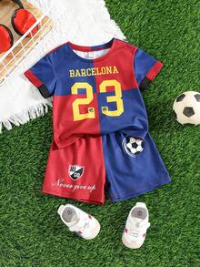 2件套男婴可爱夏季运动风字母印花短袖上衣和松紧腰短裤套装，男婴运动服夏季套装，男婴足球服，男婴足球球衣，巴塞罗那足球服，男婴篮球服，男婴篮球服套装，男婴红蓝短裤套装