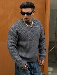 DAZY Men's Solid Dark Gray Textured Knit Sweater, Autumn - Dark Grey - View 5