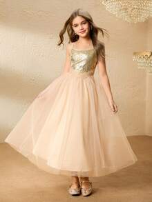 女童亮片吊带长裙，公主裙，适合派对、婚礼、钢琴演奏会、选美比赛，大童 - 香檳色 - 查看 6