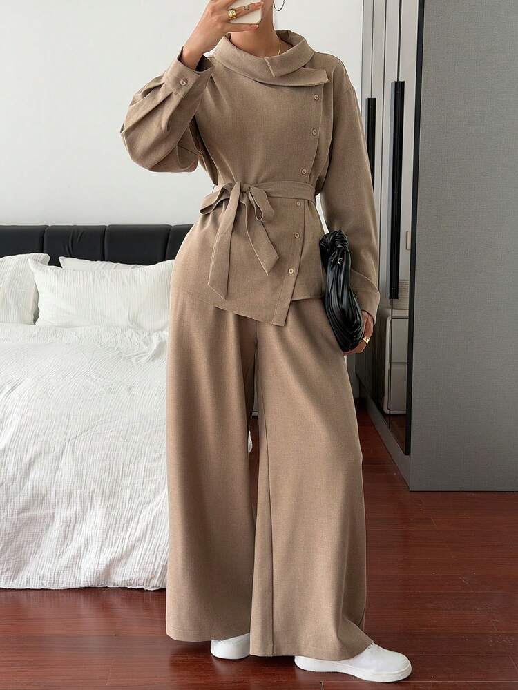 Women's Solid Color Elegant Fashion Loose Fit 2 Pieces Set, Long Sleeve