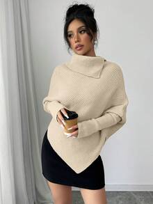 Elenzga 女士经典不对称蝙蝠翼纯色高领针织毛衣，时尚百搭，适合节假日和度假穿着 - 杏色 - 查看 5
