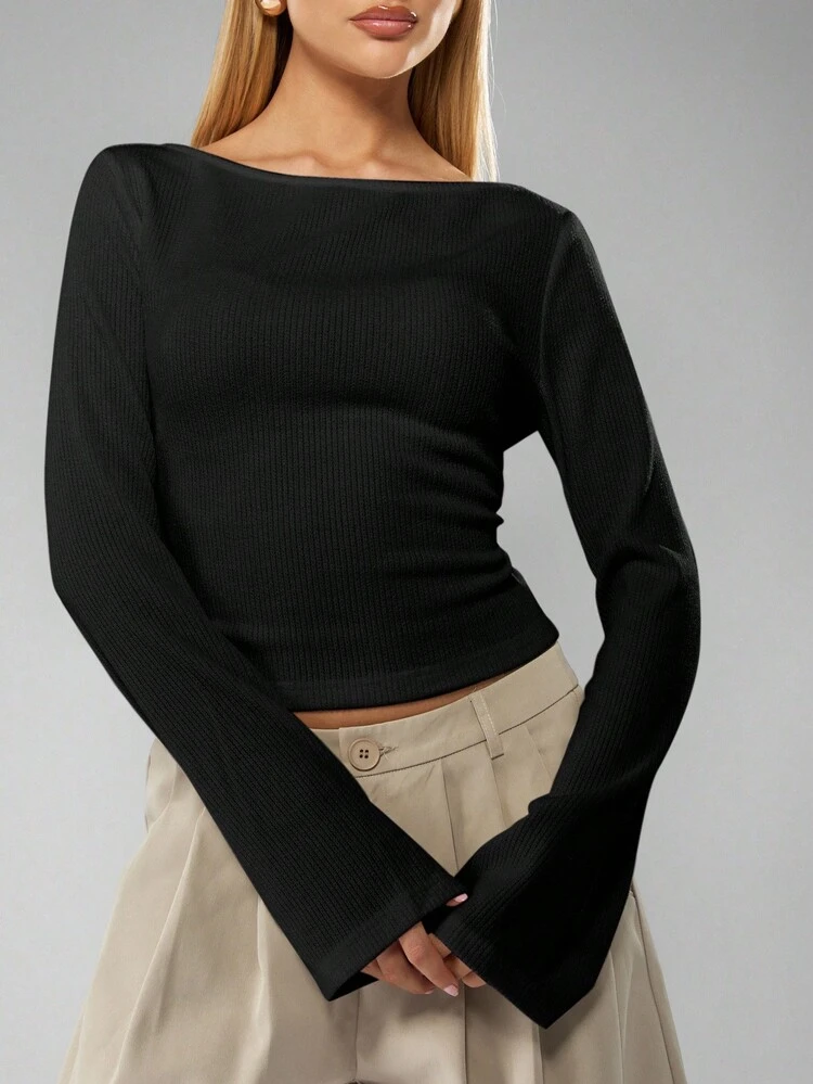 MISSGUIDED Ribbed Long Sleeve Knit Top Boat Neck Pullover Sweater Fall Winter Casual Basic