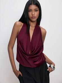 ATUI Studio Áo hở lưng bằng vải satin màu đỏ tía, cổ khoét sâu màu trơn dành cho nữ, không tay hở lưng, thanh lịch, tối giản, phong cách Giáng sinh, năm mới, tiệc tùng, lễ tạ ơn, thiết yếu, trang phục công sở đa năng, phong cách thời thượng, thẩm mỹ cổ điển - Màu đỏ tím - Xem 2