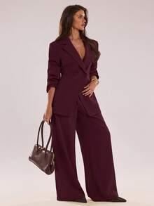 SHEIN BAE Women's Solid Color Lapel NeckDouble-Breasted Long Sleeve Jacket And Pants Casual Commuter Suit Set, Autumn - Rusty Rose - View 3