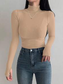 DAZY 女式高领长袖打底 T 恤，黑色，春/夏/秋 - 杏色 - 查看 3