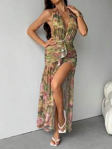 SHEIN Tall Váy maxi voan xẻ cao cổ chữ V sâu họa tiết hoa xanh lá cây và hồng thời trang xuân/hè, váy đi biển, váy thanh lịch gợi cảm, thích hợp mặc nhiều lớp vào mùa thu/đông, trang phục dự tiệc và hẹn hò, mọi mùa - màu xanh lá - Xem 2