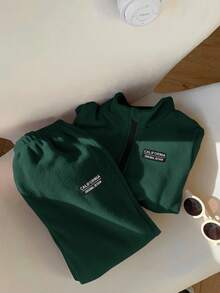 2 件套青少年男童羊毛领夹克和运动裤套装，适合通勤、上学、休闲、运动，可搭配男童外套、儿童外套、男童长袖衬衫、圣诞运动衫、圣诞裤、男童夹克、长袖衬衫 - 墨綠色 - 查看 3