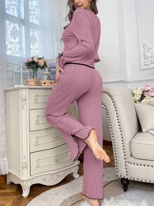 女士休闲加绒长袖上衣和裤子家居服两件套睡衣套装，女士两件套长袖家居服套装，冬季服装 - 藕粉色 - 查看 2
