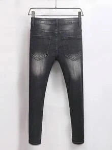 Manfinity Homme Men's Pocket Letter Graphic Frayed Skinny Jeans - Black - View 2