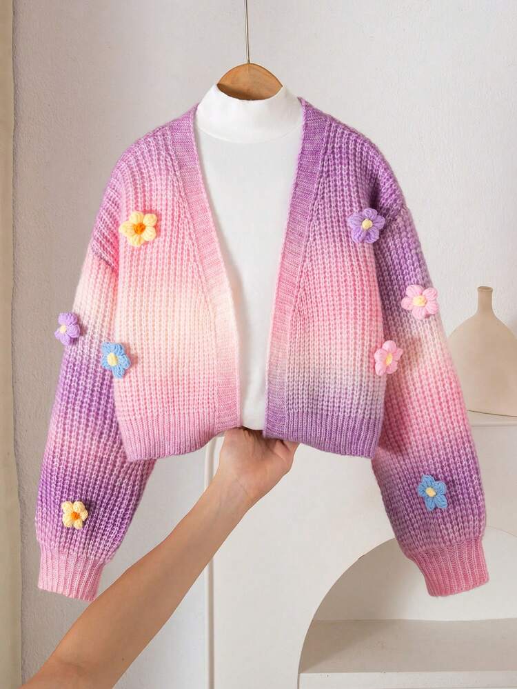 彩虹手工花针织开衫毛衣，可爱短款灯笼袖毛衣外套女童 - 彩色 - 查看 1