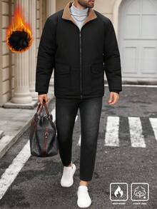 Manfinity Homme 加大码男士户外保暖拉链长袖灯芯绒衬里棉服，适合秋冬季 - 黑色 - 查看 4