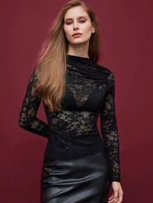 Maija 女式性感透明蕾丝漏斗领长袖修身T恤 - 黑色 - 查看 4