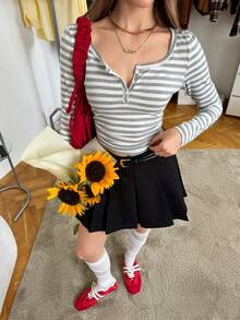 SHEIN Unity 女士新品 棉感条纹半拉链T恤 复古学院风、老钱风、谷仓风 秋冬必备条纹内搭 日常出游、姐妹聚会、休闲居家、舒适简约、机场穿搭 - 灰色 - 查看 5
