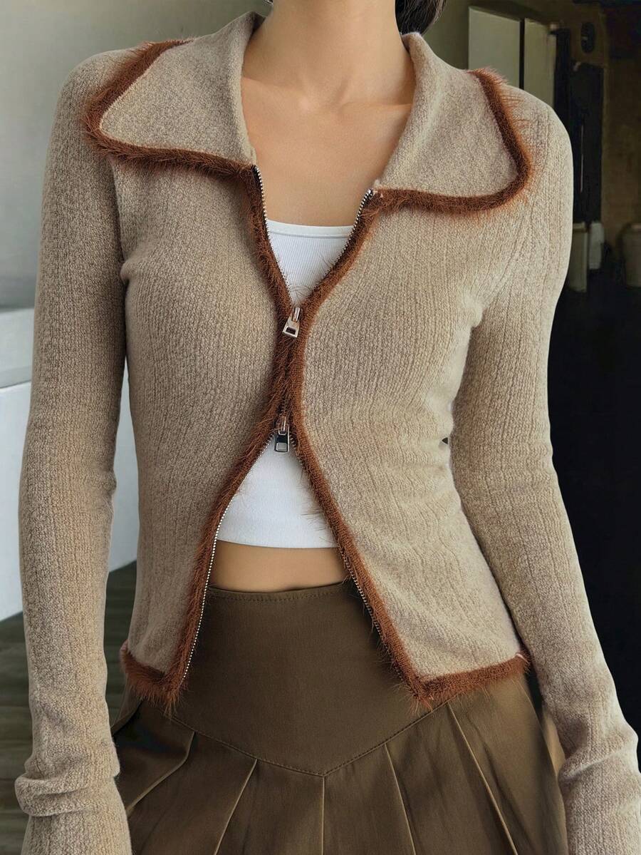 DAZY 女士宽松商务休闲时尚街头优雅撞色拼接开衫毛衣，适合秋冬季 - 灰色 - 查看 1