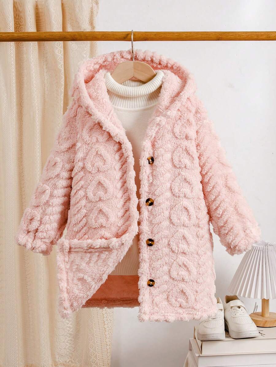 Elladie kids Dziewczęcy, swobodny, minimalistyczny, beżowy, dwustronny, pluszowy kardigan w kształcie serca z kapturem, odpowiedni na kurtkę zimową, idealny do noszenia na co dzień, do szkoły, na zewnątrz, do domu, na jesień/zimę - Różowy - Zobacz 1