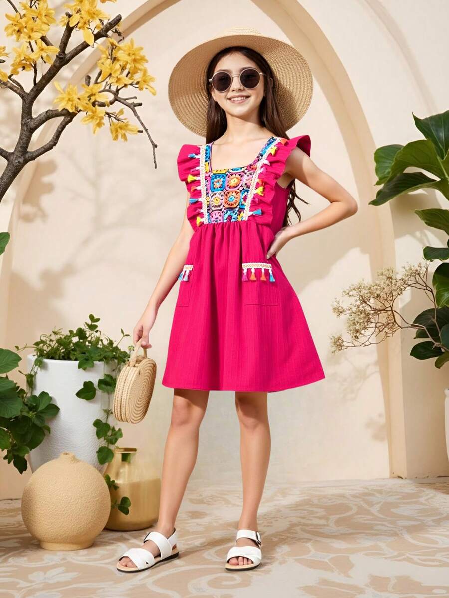 Young Girl Crochet Printed Fringe Tassel Detail Ruffle Edge Decorated A-Line Dress - Hot Pink - View 1