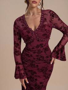 Modelyn Vestido largo de mujer con cuello en V, manga larga, estampado floral y perlas falsas - Burdeos - Ver 1