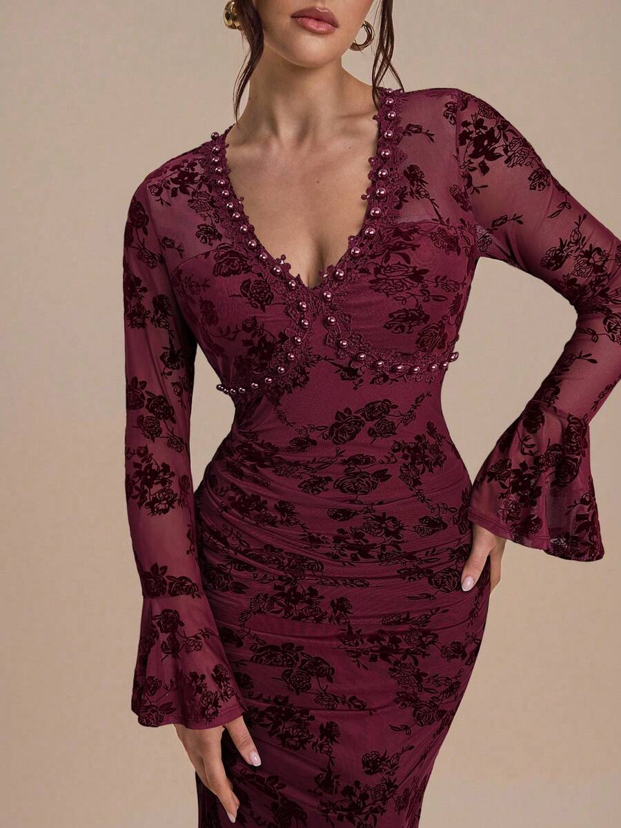 Modelyn Vestido largo de mujer con cuello en V, manga larga, estampado floral y perlas falsas - Burdeos - Ver 1