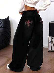 SHEIN ICON Jeans anchos y sueltos de mujer con bolsillo de cruz de rhinestone - Negro - Ver 2