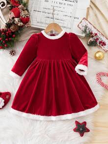 SHEIN Baby Girl Adorable One-Piece Knitted Plush Red And White Dress,Autumn Elegant Dinner Christmas Birthday Princess Long-Sleeved Party Outfit - Red - View 2