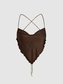 SHEIN MOD Conjunto de top marrón retro sin espalda y falda larga asimétrica con volantes de cintura alta para tallas grandes - Marrón - Ver 7