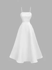 SHEIN MOD 杏色露背蝴蝶结缎面中长连衣裙 - 白色 - 查看 5