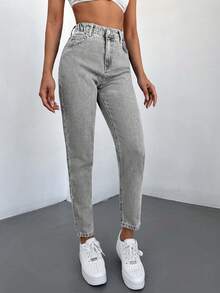 SHEIN Cottnline 高腰直筒牛仔褲 - 灰色 - 查看 4
