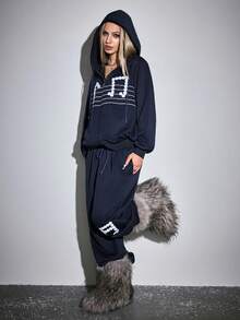 ROMWE Avant Bộ 2 áo hoodie có khóa kéo in nốt nhạc thường ngày dành cho nữ và quần dài - Màu xanh hải quân - Xem 8