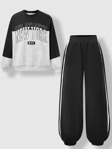 SHEIN Explorewe 2 piezas Conjunto de ropa deportiva casual de niños con cuello redondo, manga larga, estampado de letras posicionadas, para primavera, otoño e invierno, ropa versátil para el día a día, mezcla de negro y gris + Pantalones de peto negros tejidos, un conjunto completo, adecuado para deportes, vacaciones, otoño e invierno - Negro - Ver 6