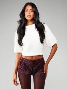 MISSGUIDED Hot Pants Mini Shorts With Subtle White Polka Dots Pattern All Over Design Casual Summer Festival Beach Party Vacation Dancing Mini Bottom - Brown - View 5