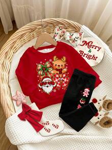 SHEIN Conjunto de sudadera de cuello redondo de manga larga y leggings suaves, gruesos y cómodos con estampado de Papá Noel, renos, lazos y copos de nieve de Happikins, en color rojo burdeos, adecuado para uso diario en otoño/invierno, Navidad, Año Nuevo y estilo callejero - Multicolor - Ver 3