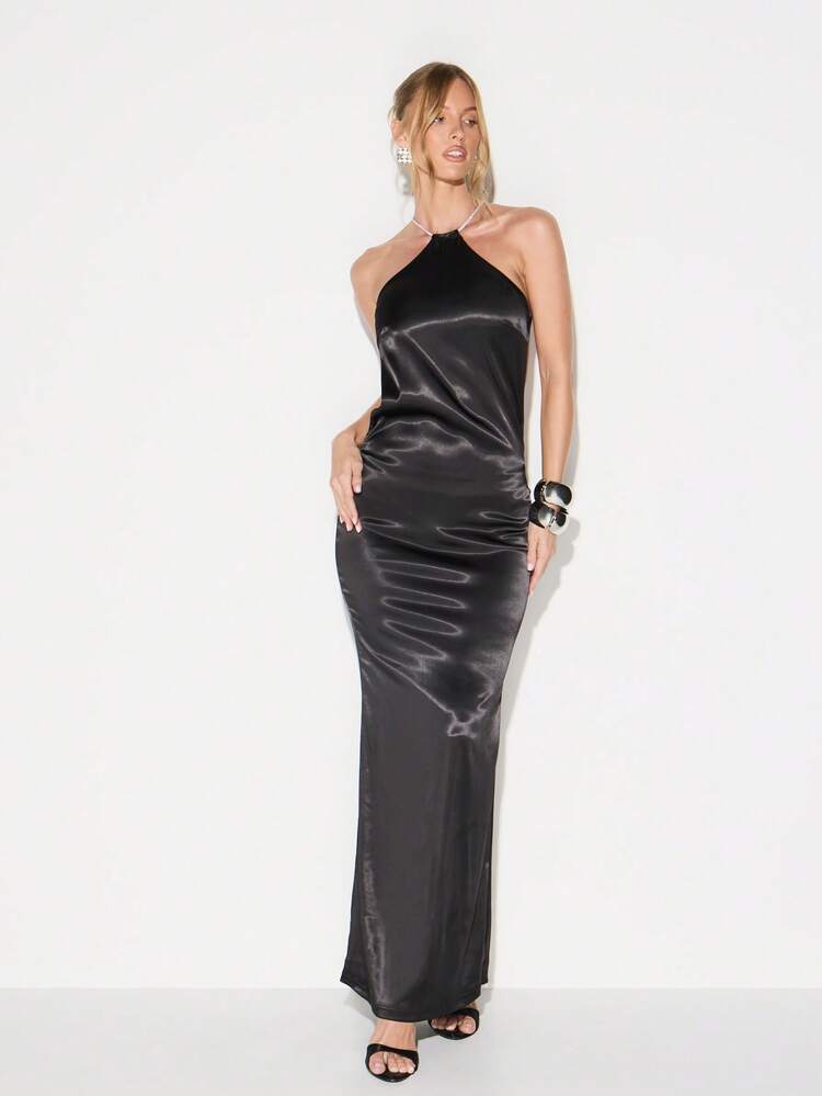 KIZN Halter Neck Satin Maxi Dress With Rope Detail