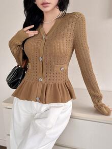 DAZY Women's Elegant Solid Color Ruffle Trim Faux Pocket Cardigan, Autumn - Brown - View 5