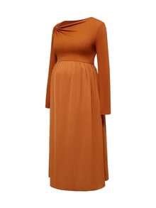 Modmama Elegant Maternity Photoshoot Dress, Pregnant Burnt Orange Asymmetrical Neck Twist Waist Solid Autumn Brown Modest Dress - Orange - View 9
