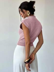 Firerie Elegant High Neck Loose Casual Versatile Sleeveless Knit Sweater Vest Going Out Tops Women,Tops For School In Fall/Winter - Pink - View 2