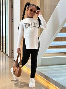 SHEIN 青少年女孩休閒針織熊圖案長袖上衣與幾何圖案內搭褲2件套，舒適秋冬風格，適合秋冬日常穿著、街頭風、居家服，長袖紐約風穿搭，感恩節適用，日常慶祝、秋冬層次穿搭，時尚女孩舒適造型 - 彩色 - 查看 4