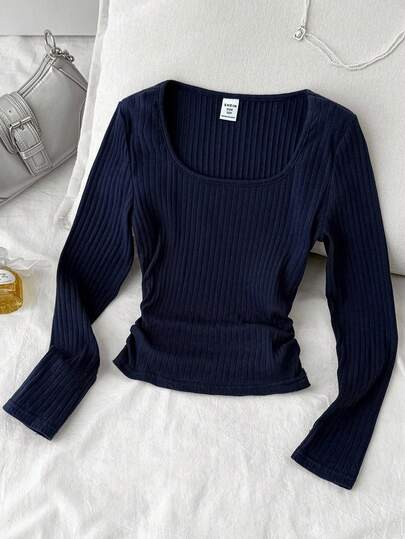 SHEIN 青少年女孩纯色罗纹针织弹力修身休闲简约舒适圆领长袖T恤