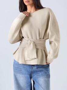 LYSMO 女式纯色圆领落肩长袖腰系带休闲毛衣，秋冬 - 杏色 - 查看 4