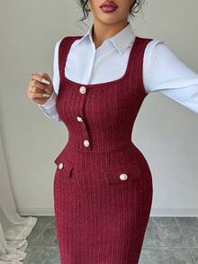 Elenzga Elegant French Style Stretchy Silver Thread Tweed Burgundy High-End Design Sense Square Collar Fitted Slim Waist Pearl Button Sleeveless Bodycon Dress, Versatile For Holidays, Independence Day - Burgundy - View 2