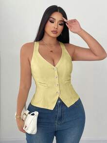 Elenzga Áo hai dây màu trơn thường ngày mùa hè cỡ lớn dành cho nữ, thắt eo - Màu vàng ngỗng - Xem 1