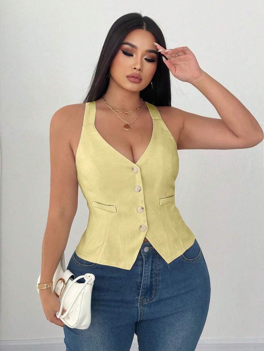 Elenzga Áo hai dây màu trơn thường ngày mùa hè cỡ lớn dành cho nữ, thắt eo - Màu vàng ngỗng - Xem 1