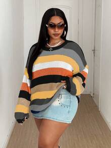 Maweii Plus Size Women Contrast Stripe Hollow Out Round Neck Casual Sweater - Black - View 4