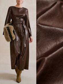 SHEIN Stylify 25+ 女士亚麻圆领束腰 H 字形咖啡色腰带细节超长波西米亚休闲连衣裙、工作服、秋冬 - 棕色 - 查看 1