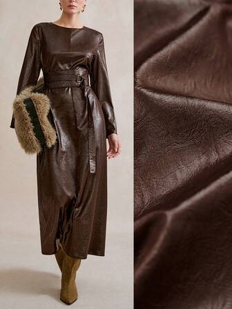 SHEIN Stylify 25+ Women's Linen-Like Round Neck Cinched Waist H-Line Coffee Color Belt Detail Maxi Bohemian Casual Dress, Work Outfit, Autumn/Winter