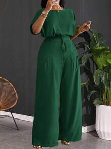 Slaydiva Bộ đồ 2 món màu xanh lá cây thanh lịch, phù hợp cho mùa Xuân/Hè, đi làm, dự tiệc, đi club và hoạt động ngoài trời, gồm áo crop top dáng rộng vai rớt có dây rút và quần ống rộng có túi dành cho nữ cỡ lớn - A - Màu xanh lá cây đậm - Xem 1