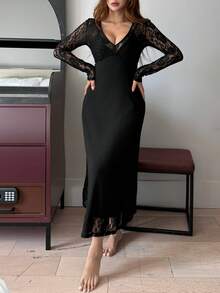 DAZY Nuisette longue pour femmes avec patchwork en dentelle et taille cintrée, pour l'hiver - Noir - Voir 6